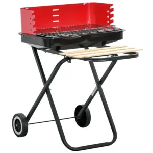 Best Charcoal Trolley BBQ Barbecue Grill Patio Camping Picnic Garden Party Outdoor Cooking with Windshield, Wheels Side Trays, Black/Red