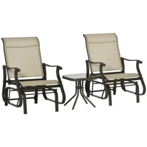 Best Set of 3 Gliding Chair & Tea Table Set, Outdoor Rocker Set with 2 Armchairs, Tempered Glass Tabletop, Khaki