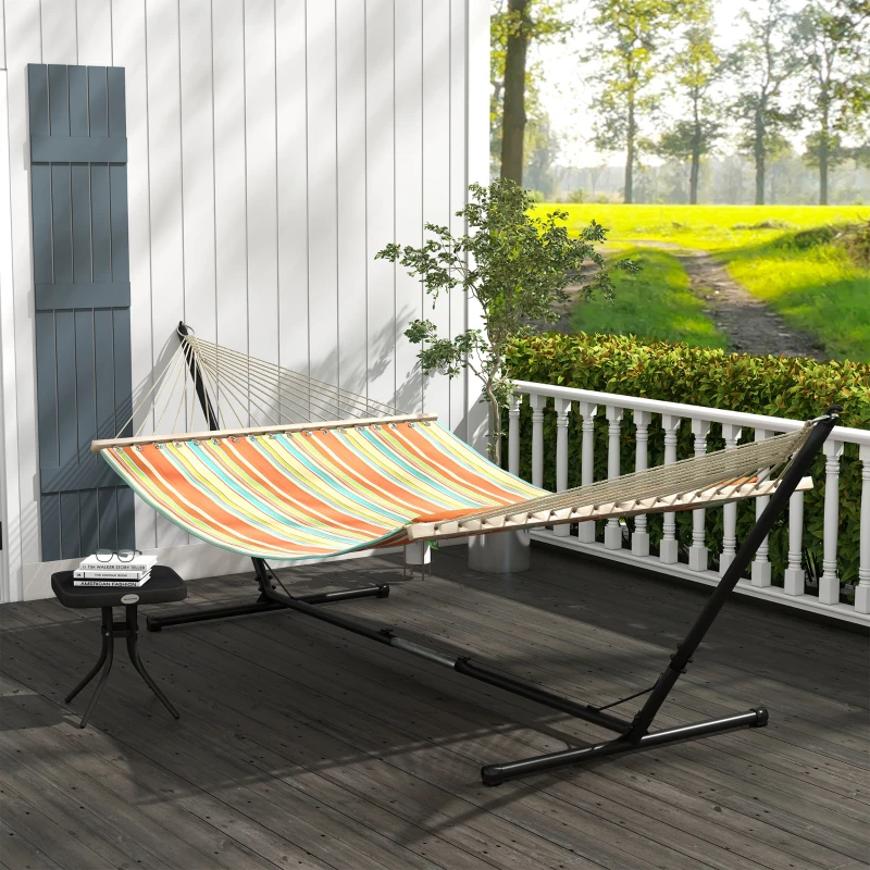 Best Outdoor Garden Hammock with Stand, Double Cotton Hammock with Adjustable Steel Frame, Swing Hanging Bed with Pillow, for Garden, Patio, Beach, Red Stripes - Image 2