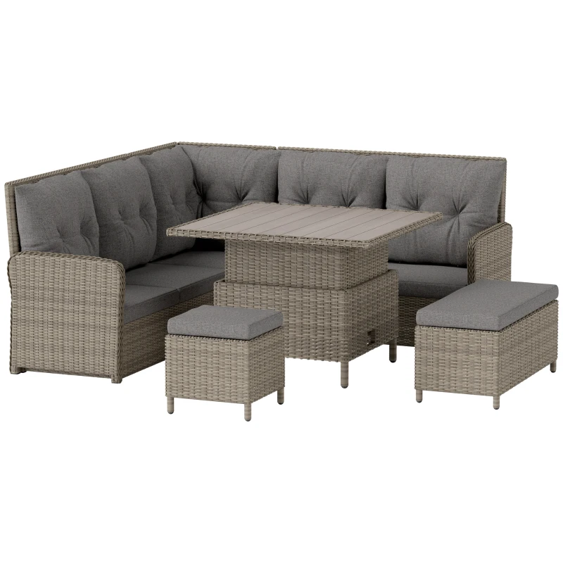 Best 6 Pieces Outdoor PE Rattan Garden Furniture, Patio Wicker Sectional Conversation Corner Sofa w/ Soft Padded Cushion & Liftable Coffee Table, Light Grey