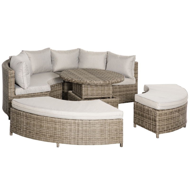 Best 5 Pieces Outdoor PE Rattan Round Garden Daybed with Cushions, Aluminium Patio Furniture Set Lounge Chair Conversation Sofa Set with Liftable Coffee Table and Protect Cover, Grey - Image 13