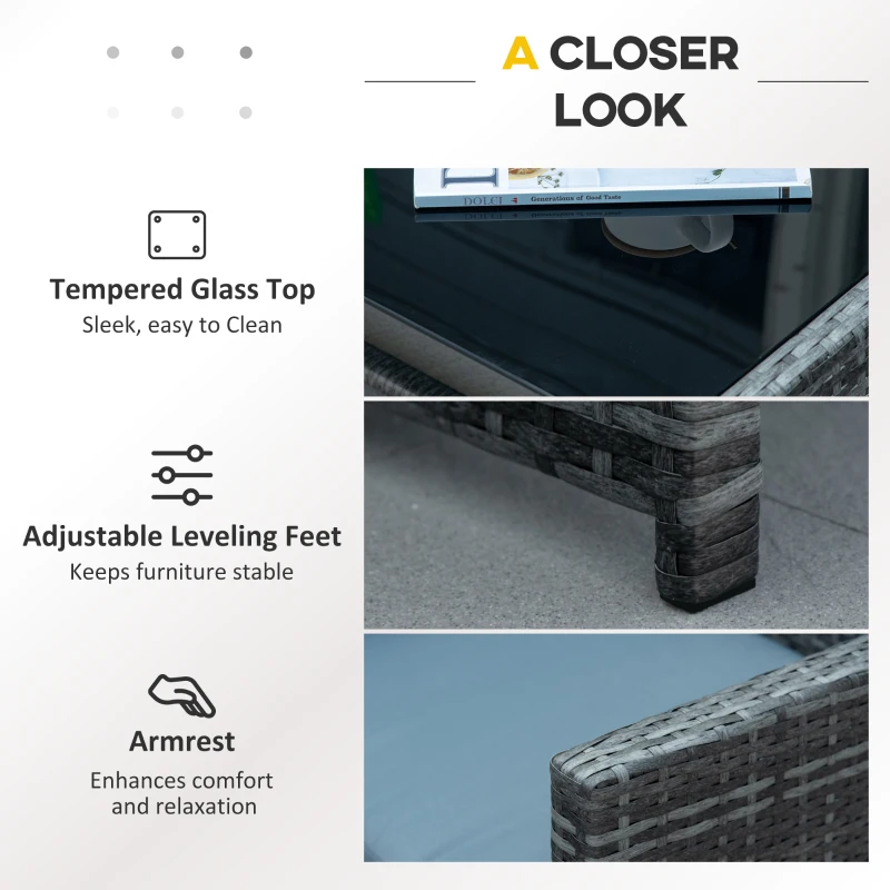 Best 4 Pieces PE Rattan Garden Sofa Set with Cushions, Outdoor Patio Wicker Weave Conservatory Furniture Set with a Loveseat, 2 Armchairs and a Glass Top Coffee Table, Grey - Image 6