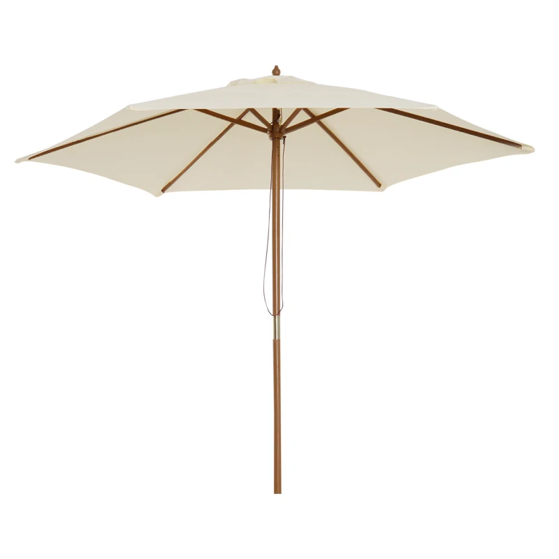 Best 2.5m Wood Garden Parasol Sun Shade Patio Outdoor Wooden Umbrella Canopy, Table Market Umbrella with Vent, 38mm Pole, Rope Pulley Mechanism, Cream White