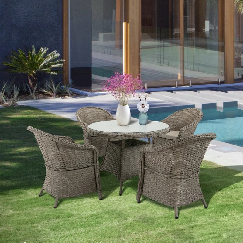 Best 4 Seater Rattan Garden Furniture Set with Cushions, Round PE Rattan Dining Set with Glass-Top Table, Umbrella Hole, Outdoor Garden Table and Chairs, Mixed Grey - Image 2