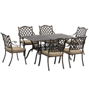 Best 7 PCs Garden Patio Dining Set with Parasol Hole, Cast Aluminium Outdoor Furniture Set with Six Cushioned Chairs and Rectangle Dining Table, for Garden, Lawn, Deck, Bronze Tone