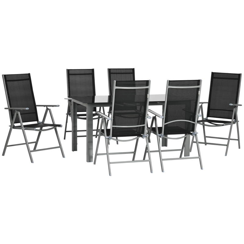 Best 7 Piece Garden Dining Set, Outdoor Table and 6 Folding and Reclining Chairs, Aluminium Frame, Tempered Glass Top Table, Texteline Seats, Black - Image 11