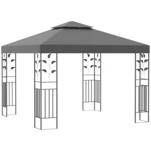 Best 3 x 3m Outdoor Steel Gazebo with 2 Tier Roof, Garden Gazebo Patio Canopy Marquee Shelter with Decorative Steel Frame - Grey