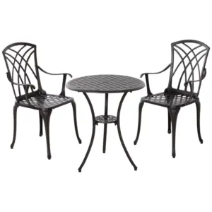 Best 3 Pieces Garden Dining Set for 2, Cast Aluminium Outdoor Dining Set with 2 Armchairs and Round Dining Table with Parasol Hole, Garden Furniture Set, Brown