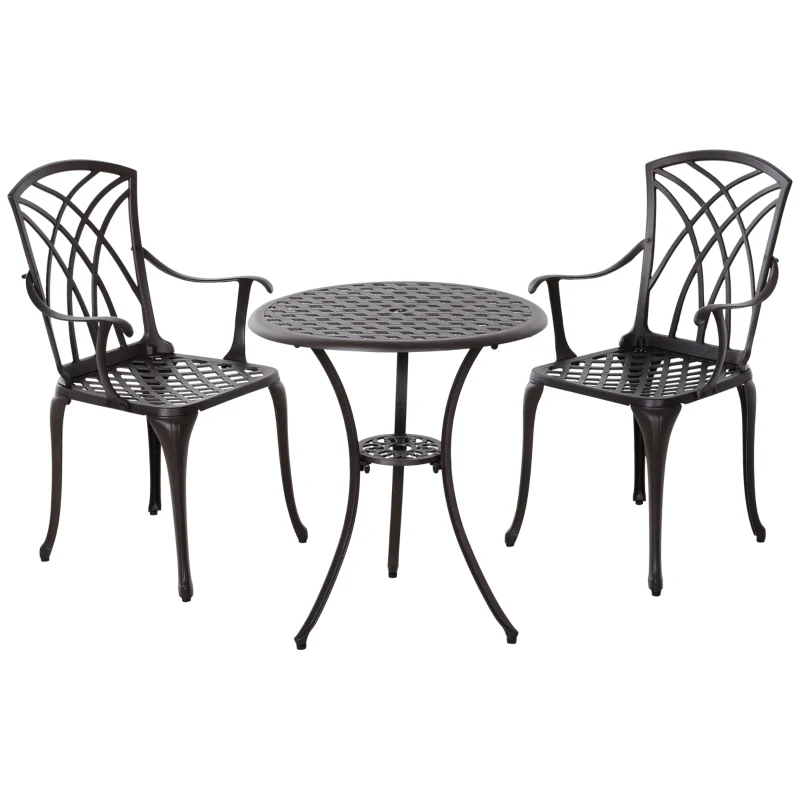 Best 3 Pieces Garden Dining Set for 2, Cast Aluminium Outdoor Dining Set with 2 Armchairs and Round Dining Table with Parasol Hole, Garden Furniture Set, Brown