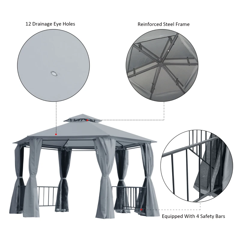 Best 3 x 3(m) Hexagon Gazebo Patio Canopy Party Tent Outdoor Garden Shelter w/ 2 Tier Roof & Side Panel - Grey - Image 5