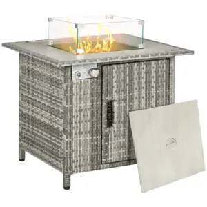 Best Outdoor PE Rattan Gas Fire Pit Table, Patio Square Propane Heater with Rain Cover, Glass Windscreen, and Lava Stone, 50,000 BTU, Grey