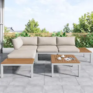 Elegant Outdoor Garden Lounge Set with Wooden Table, Thick Cushions, L-Shaped Corner Sofa for 4 People, 145L x 60W x 80H cm, Beige