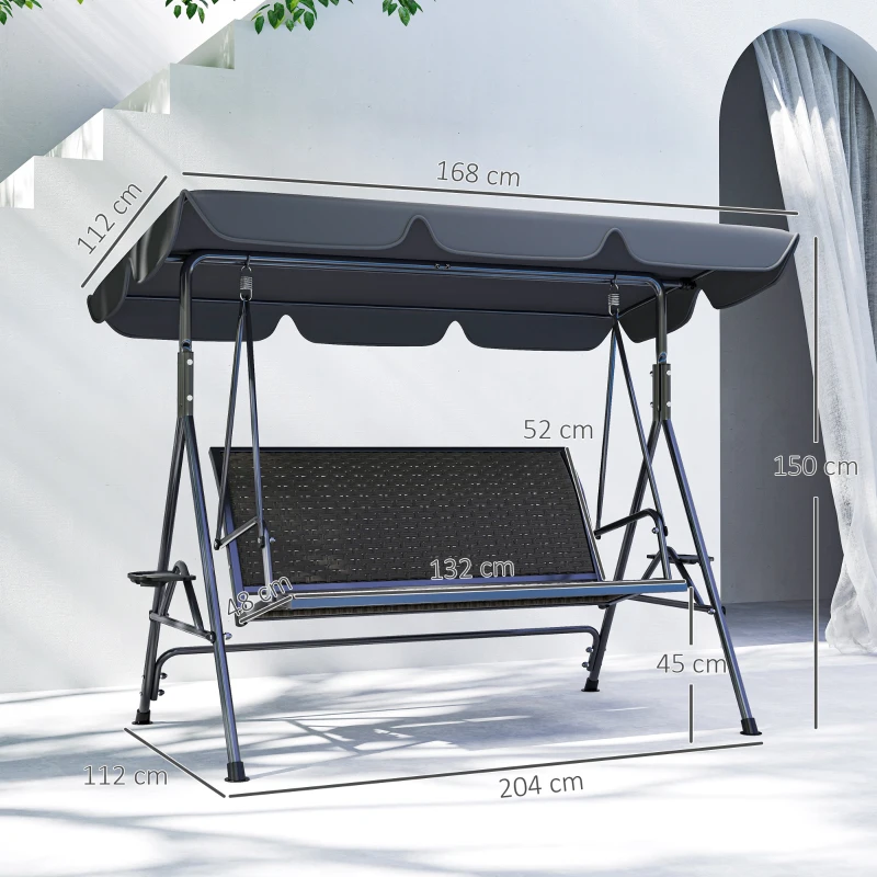 Best 3 Seater Swing Chair, Garden Swing Seat Bench with Adjustable Canopy, Rattan Seat and Steel Frame for Patio, Yard, Grey - Image 3