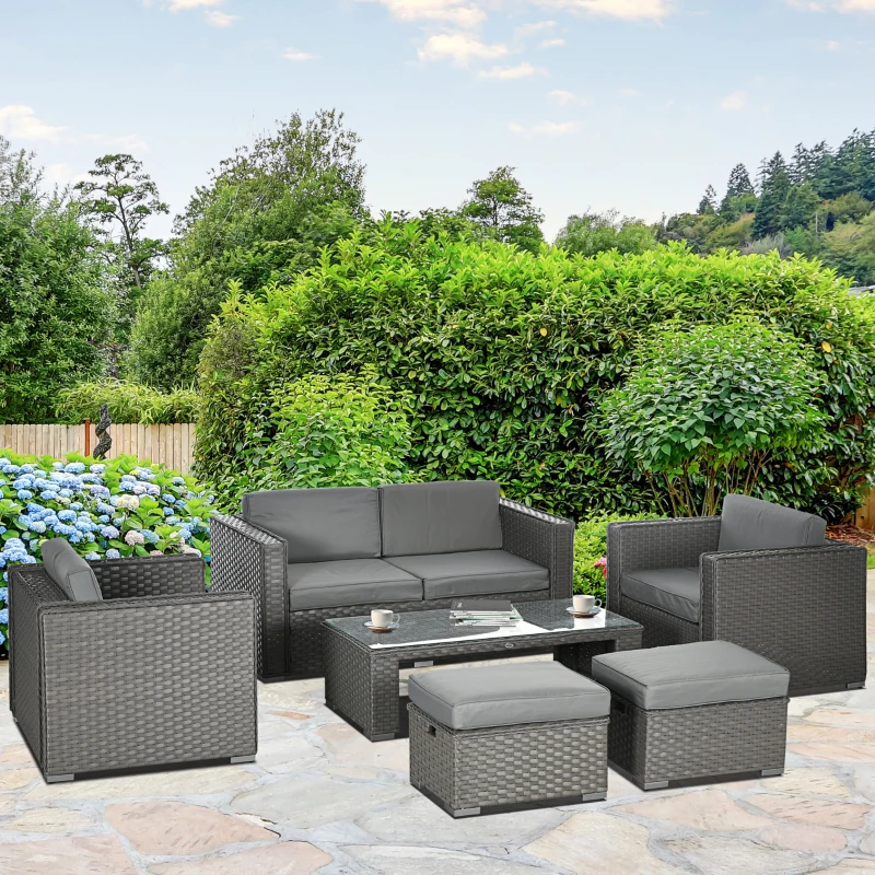 Best 6PC Garden Rattan Sofa Set Bonzer Outdoor Furniture Patio Table Loveseat Stool Lounging Ottoman Aluminium Frame Wicker Weave Conservatory Grey - Image 2