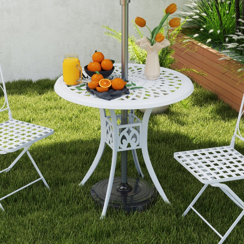 Best 78 cm Round Garden Dining Table with Parasol Hole Antique Cast Aluminium Outdoor Table Only, White - Image 10