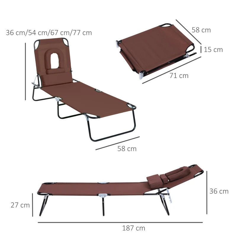 Best Outdoor Folding Sun Lounger with Face Hole, 4 Level Adjustable Backrest Reclining Garden Lounger, Garden Recliner Sunbed with 600 D Oxford Cloth Seat and Pillow for Beach, Brown - Image 3