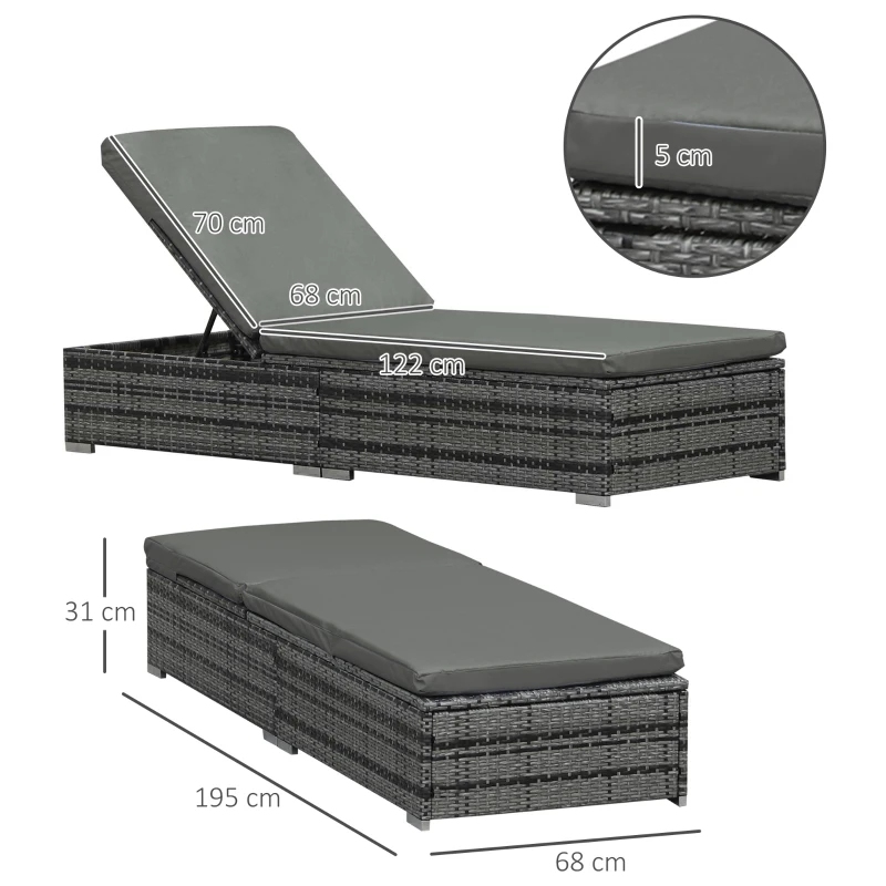 Best PE Rattan Sun Loungers with Cushion, Outdoor Garden Sunbed Furniture with 5-Level Recliner Backrest, and Armrest, Set of 2, Grey - Image 3