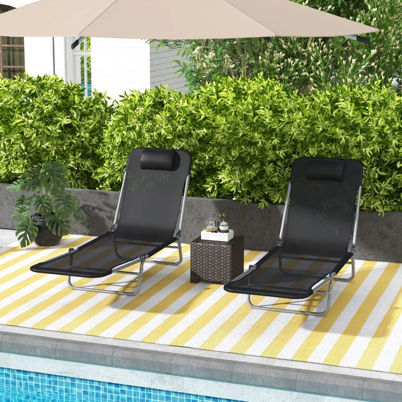 Best Set of Two Steel Frame Sun Loungers, with Reclining Backs - Black - Image 2