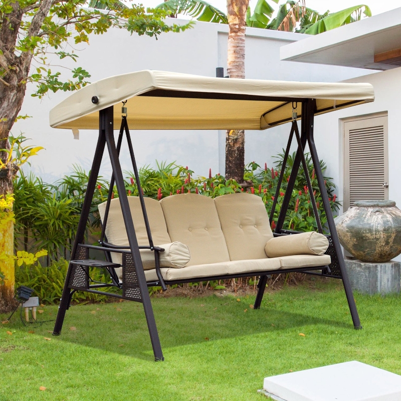 Best Swing Chair Hammock Chair 3 Seater Canopy Cushion Shelter Outdoor Bench Steel Beige - Image 15