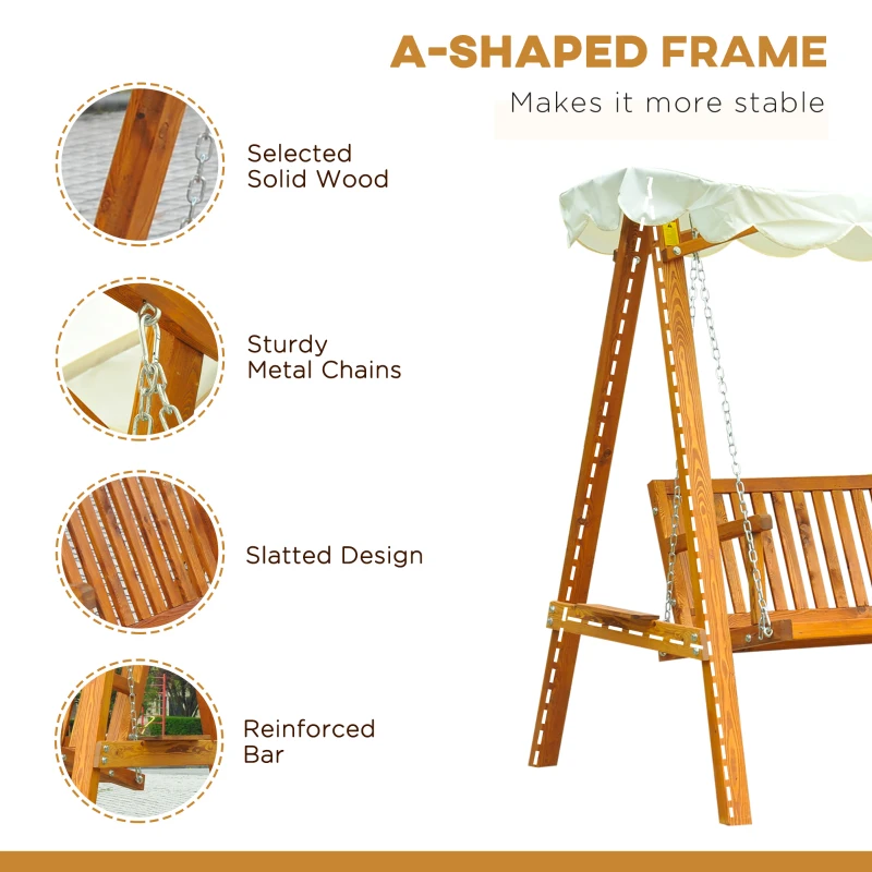 Best 3 Seater Garden Swing Seat with Canopy, Wooden Swing Chair, Outdoor Hammock Bench for Balcony Patio Porch, Cream White - Image 5