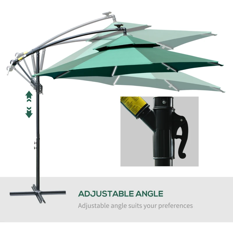 Best 3(m) Cantilever Banana Parasol Hanging Umbrella with Double Roof, LED Solar lights, Crank, 8 Sturdy Ribs and Cross Base for Outdoor, Garden, Patio, Green - Image 6