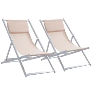 Best Set of 2 Folding Garden Beach Aluminium Frame Deck Chairs Deckchairs Seaside Folding Garden Patio Lounger, Beige