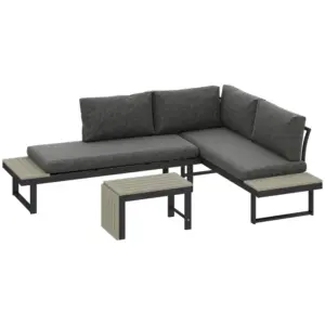 Best 4 Seater L Shaped Aluminium Sectional Garden Furniture Set with 2 Loveseats and Wood-Plastic Coffee Table - Dark Grey