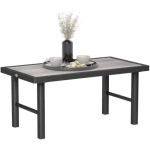 Best Metal Garden Coffee Table, Outdoor Side Table with SPC Woodgrain Tabletop for Outside, Garden, Balcony, Porch, 100 x 53 x 46cm, Grey Wood Effect