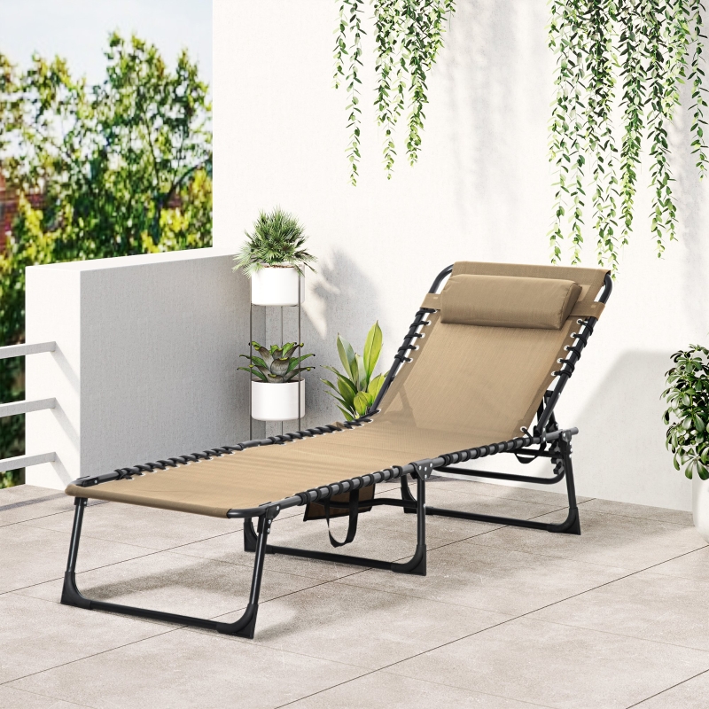 Best Portable Sun Lounger, Folding Camping Bed Cot, Reclining Lounge Chair 5-position Adjustable Backrest with Side Pocket, Pillow for Patio Garden Beach Pool, Beige - Image 10