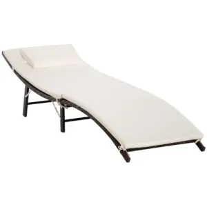 Best Rattan Folding Sun Lounger Outdoor Chair with Cushion and Pillow Cream White