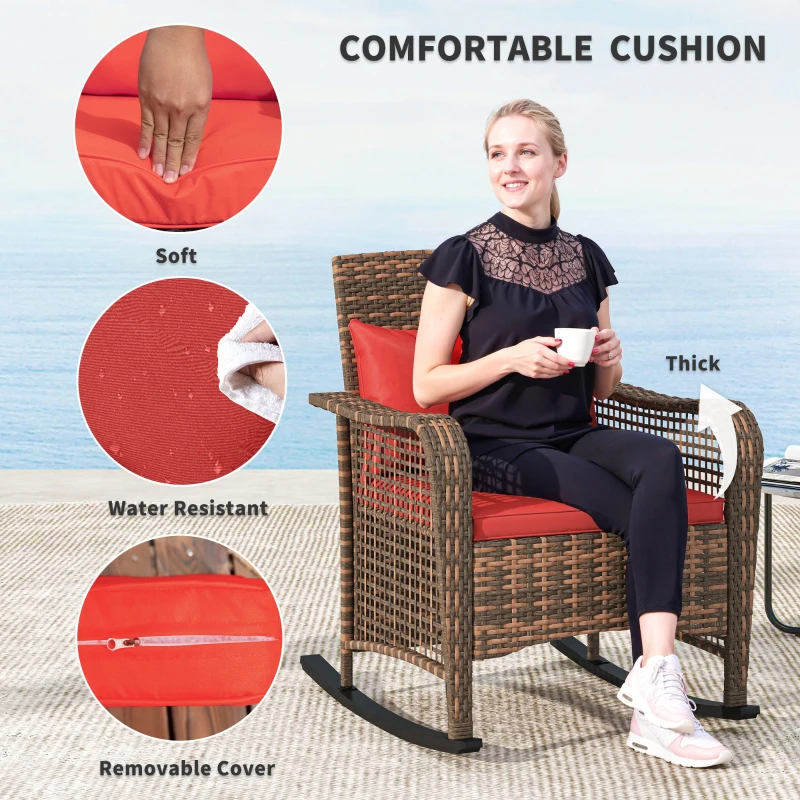Best Garden Rocking Chair, Outdoor Rattan Rocker Lounge Chair with Seat and Back Cushions, Patio Armchair Seat with All-weather Wicker, Steel Frame for Porch Balcony, Red - Image 5
