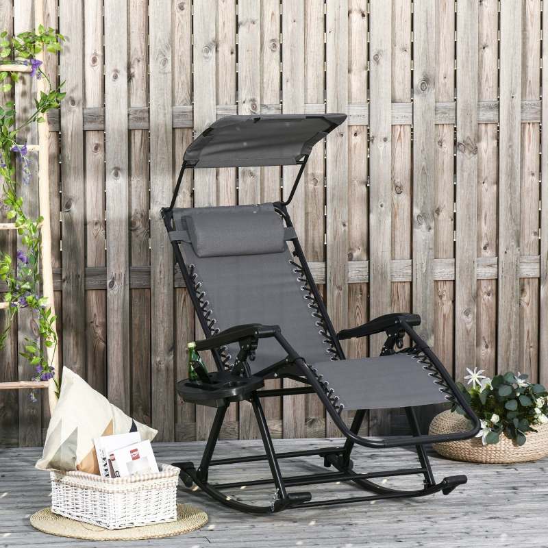 Best Garden Rocking Chair Folding Recliner Outdoor Adjustable Sun Lounger Rocker Zero-Gravity Seat with Headrest Side Holder Patio Deck - Grey - Image 10