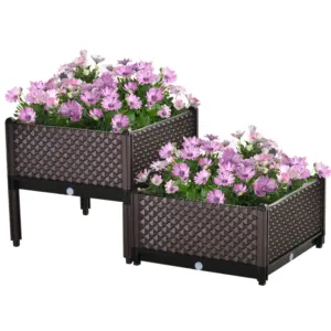 Best 50cm x 50cm x 46.5cm Set of 2 41L Plastic Raised Garden Bed, Planter Box, Flower Vegetables Planting Container with Self-Watering Design and Drainage Holes for Patio Balcony