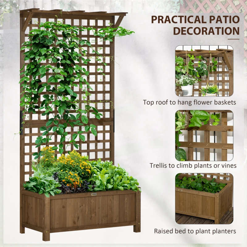 Best 2 Pcs Raised Bed with Drainage Holes, Wood Planter with Trellis for Climbing Plants to Grow Vegetables, Flowers, Brown - Image 4