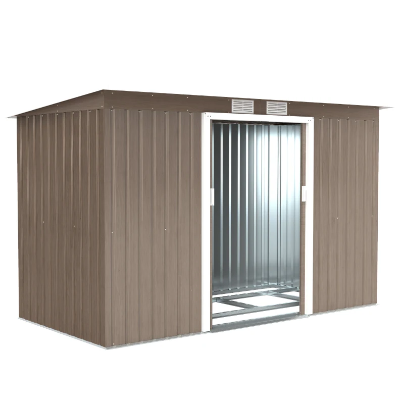 Best 9ft x 4ft Metal Garden Shed, Outdoor Tool House with Foundation Kit, Ventilations and Double Doors, Light Grey Wood Grain