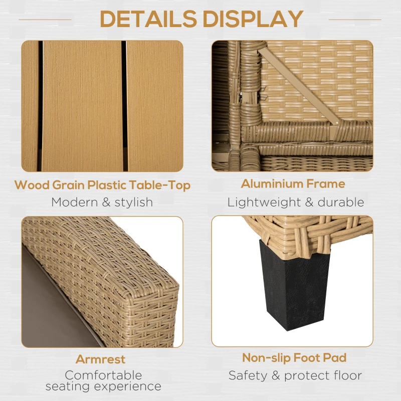 Best 4 PCS Outdoor PE Rattan Sofa Set, Patio Twin Wicker Aluminium Frame Conversation Furniture w/ Adjustable Wood Grain Plastic Table-top Table & Thick Cushion for Garden, Backyard, Lawn, Khaki - Image 7