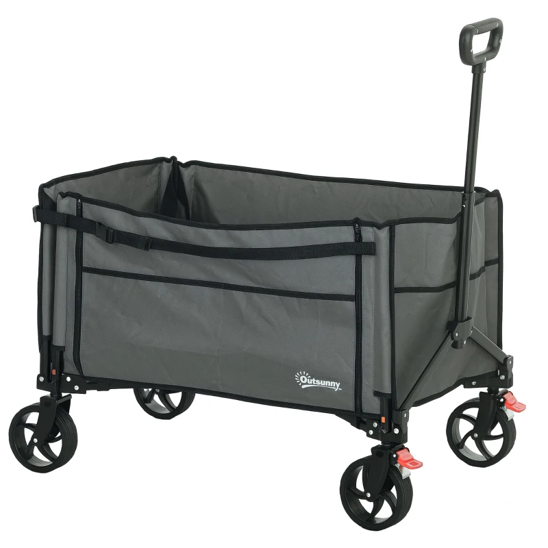 Best Folding Trolley on Wheels, 150L Collapsible Wagon Festival Trolley Cart with Openable Sides, Adjustable Handle and Brakes for Shopping Camping Beach and Garden, Grey