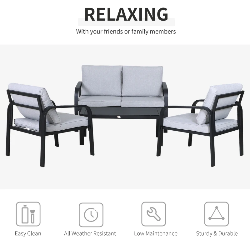 Best 4pcs Garden Sofa Set 2 Single Armchair, 1 Bench & 1 Coffee Table Set Aluminum Frame Patio Furniture with Cushions, Black - Image 5