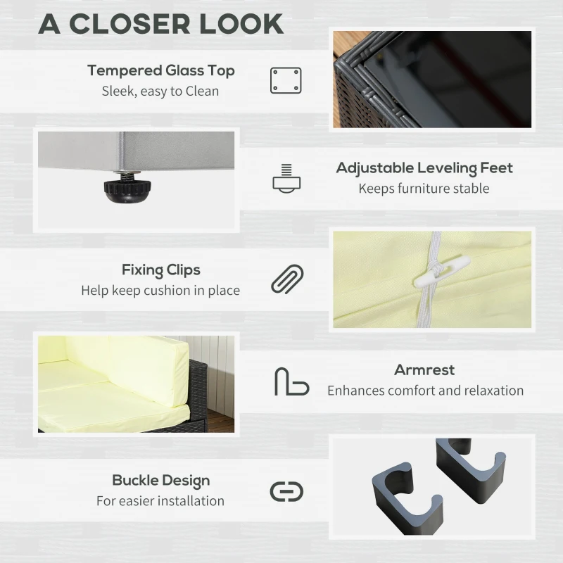 Best Seven-Piece Rattan Garden Set, with Glass-Top Table - Black/Beige - Image 7