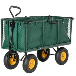 Best Large 4 Wheel Heavy Duty Garden Cart Truck Trolley Wheelbarrow with Handle and Metal Frame - Green
