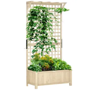 Best Raised Bed with Drainage Holes, Wood Planter with Trellis for Climbing Plants to Grow Vegetables, Flowers, Natural