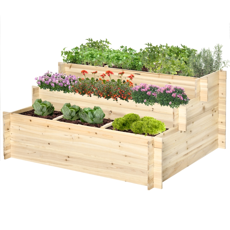 Best 117cm x 100cm x 54cm 3 Tier Raised Garden Bed 376L Fir Wood Elevated Planter Flower Box with 9 Grow Grids and Non-woven Fabric for Vegetables, Flower, Herb Outdoor Indoor Use - Image 15