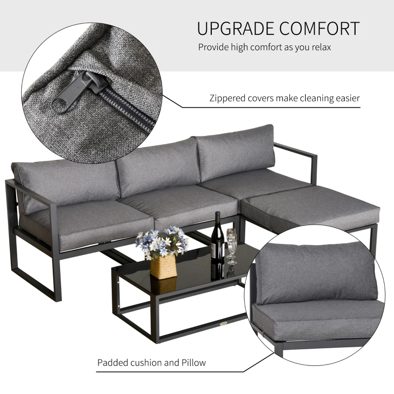 Best 5 Pieces Outdoor Patio Furniture Set, Sofa Couch with Glass Coffee Table, Cushioned Chairs and Aluminum Tube, for Balcony Garden Backyard, Grey - Image 6