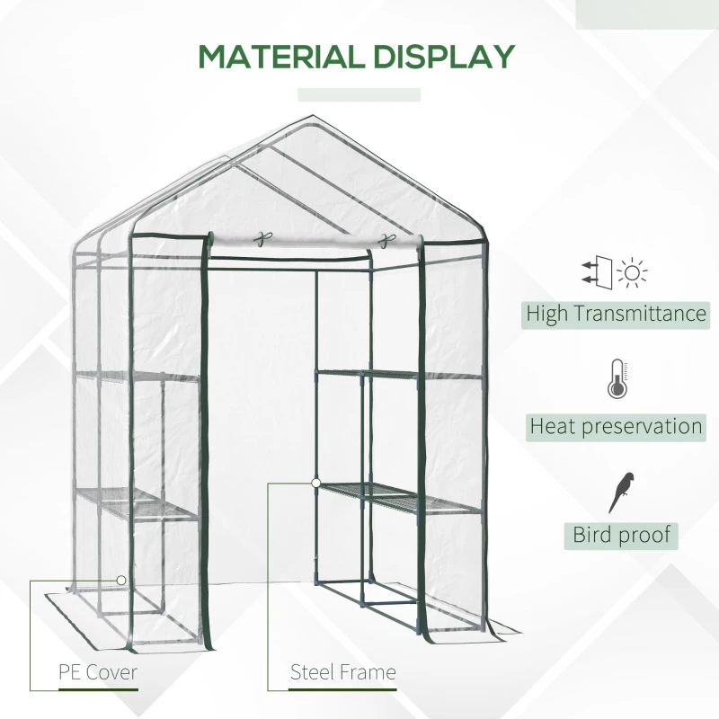 Best Walk in Greenhouse with 3-Tier 8 Shelves, Green House with Hemmed Cover, Roll-up Zipped Door, Steel Frame, 143 x 143 x 195cm - Image 4