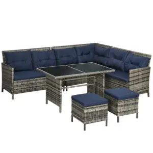Best 7-Seater Patio wicker Sofa Set Rattan Chair Furniture w/ Glass & Cushioned, Dark Blue