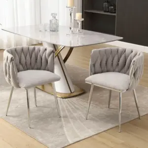 Set of 2 Modern Hand Weaving Dining Chairs with Silver Legs and Armrests, Boucle Upholstered Side Chairs, Set of 2 Dining Chair for Living Room, 54x52x73 cm, Gray