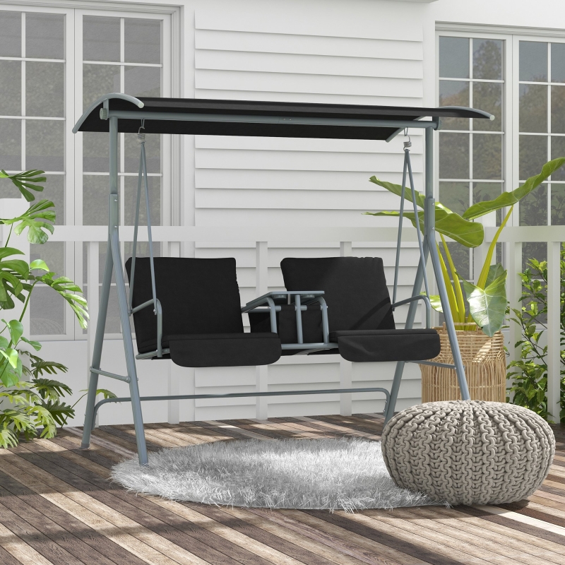 Best 2 Seater Garden Swing Chair Patio Rocking Bench w/ Tilting Canopy, Double Padded Seats, Storage Bag and Tray, Black - Image 10