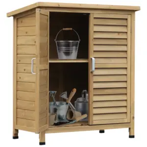 Best Garden Shed Wooden Garden Storage Shed 2 Door Unit Solid Fir Wood Garage Tool Organisation Cabinet, 87L x 46.5W x 96.5Hcm, Natural