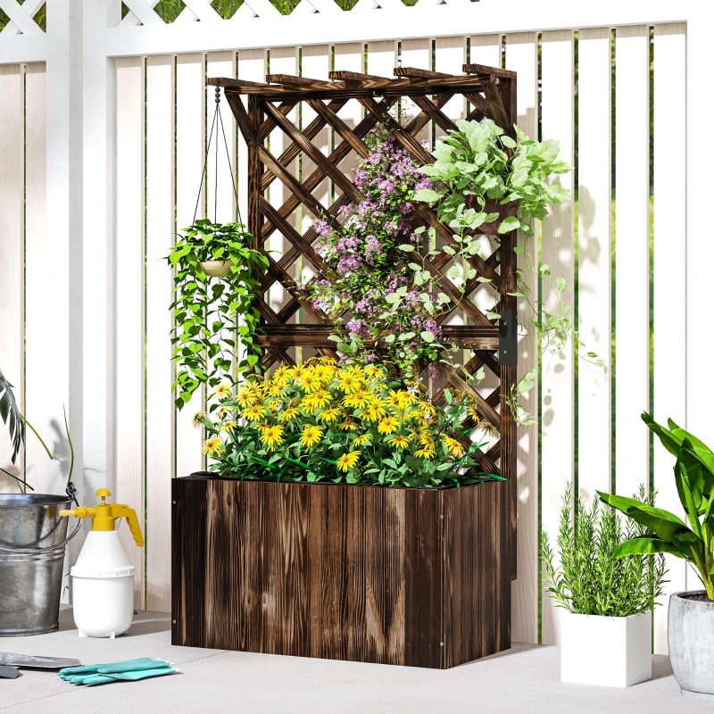 Best Wooden Planter with Trellis, Freestanding Raised Garden Bed with Drainage Holes, Outdoor Planter Box with Liner for Vegetables, Herbs and Flowers, Carbonised - Image 10
