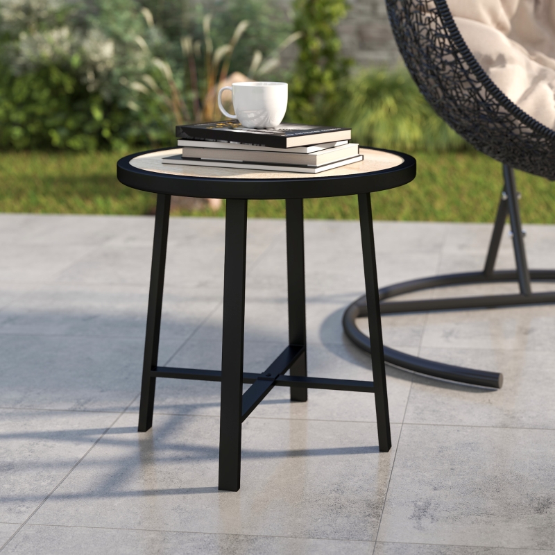 Best Round Small Garden Table, 50.5cm Outdoor Side Table with SPC Tabletop, Metal Frame and Anti-slip Foot Pads for Garden, Balcony, Nature Wood Finish - Image 9